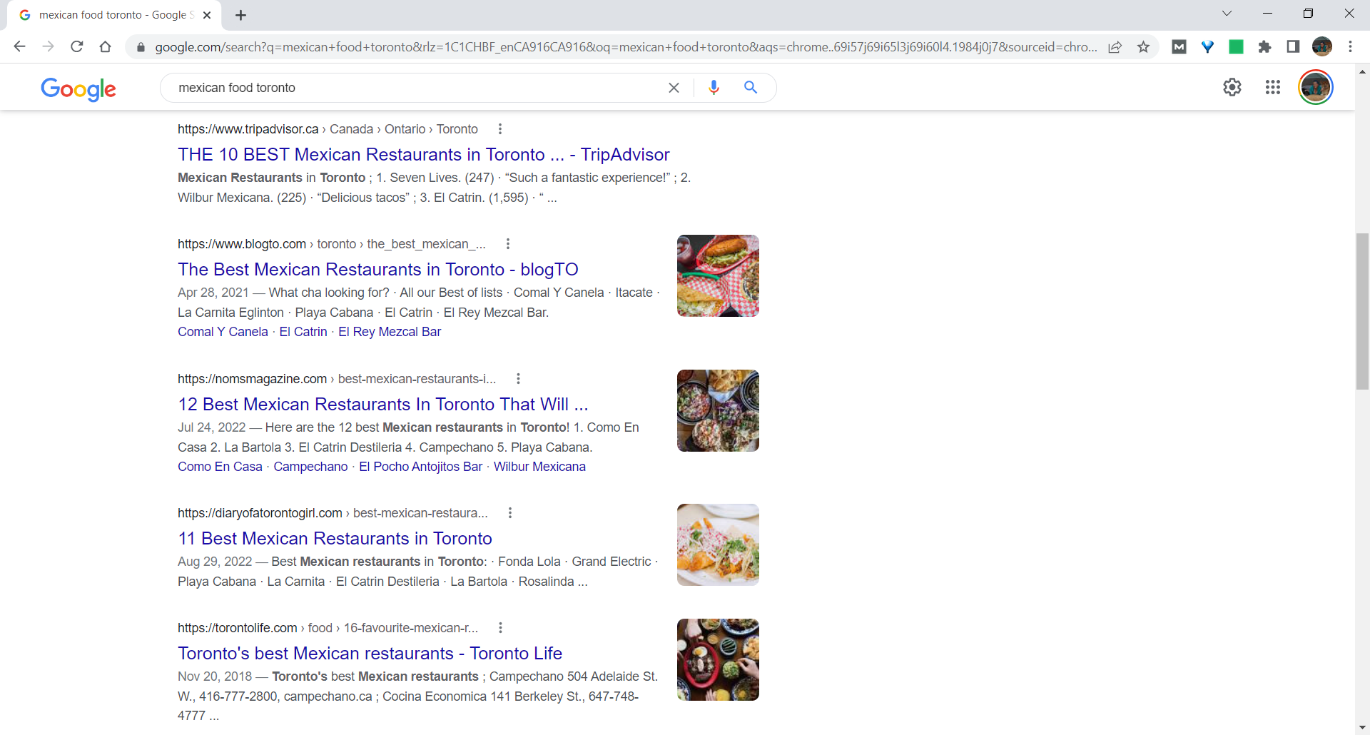 screenshot of Google search results for Mexican Food Toronto