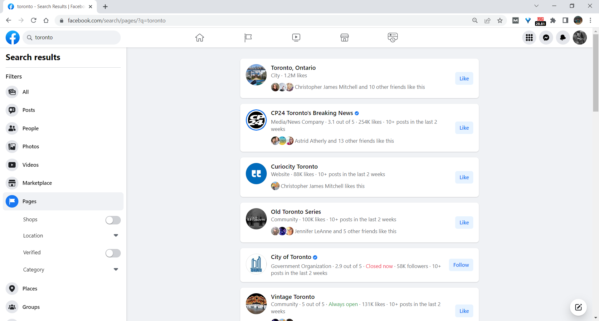 Facebook screenshot showing Toronto search results