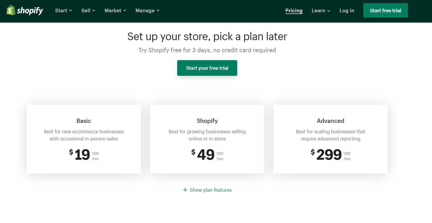 shopify plans and pricing