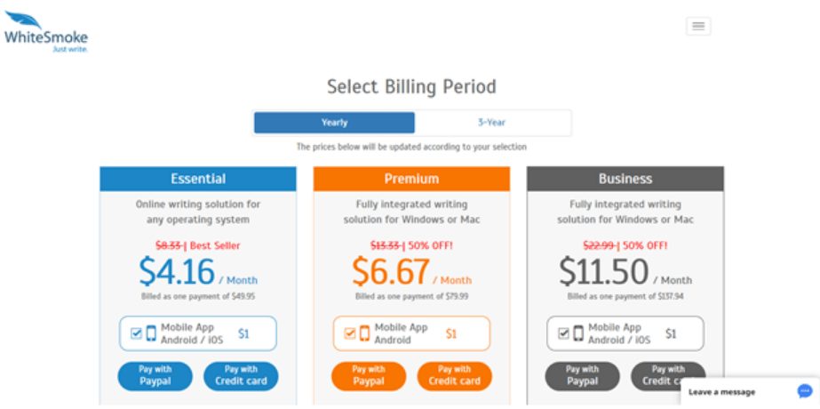 WhiteSmoke vs Grammarly: whitesmoke billing period