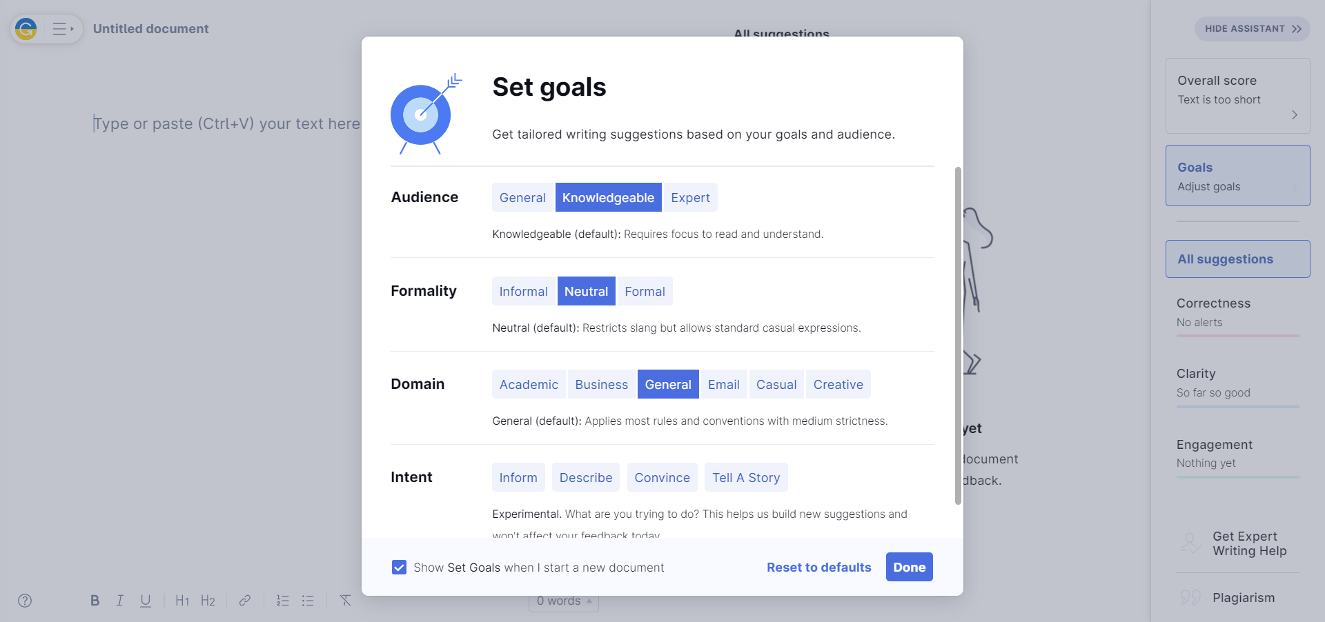 setting goals on grammarly