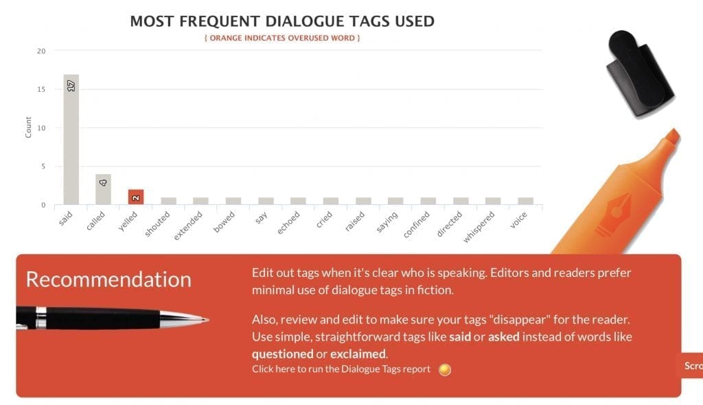 Autocrit most frequent dialogue tags used